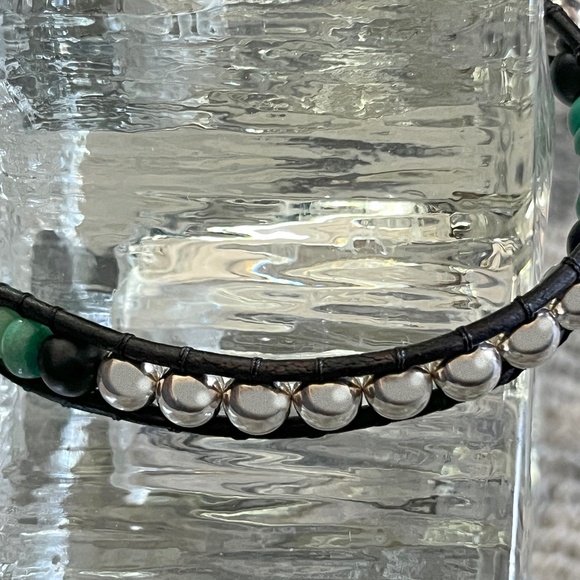 Black Leather Single Wrap Bracelet, Sterling beads W/Opal and Black Onyx - Picture 2 of 4